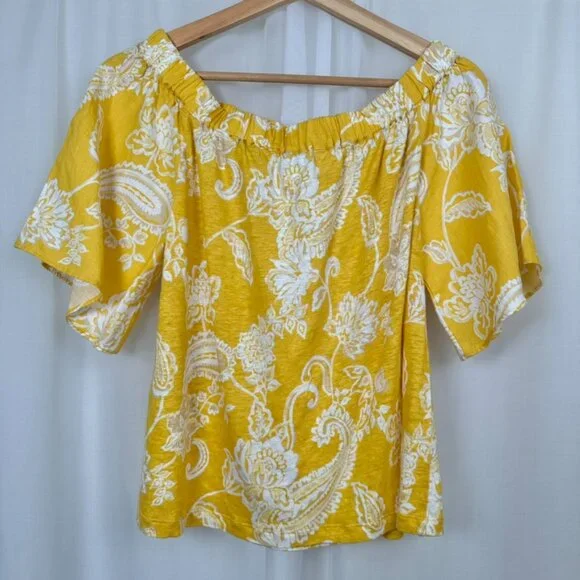 Chicos Off Shoulder Floral Paisley Linen Top Size Small Yellow Tropical Resort - Picture 3 of 6